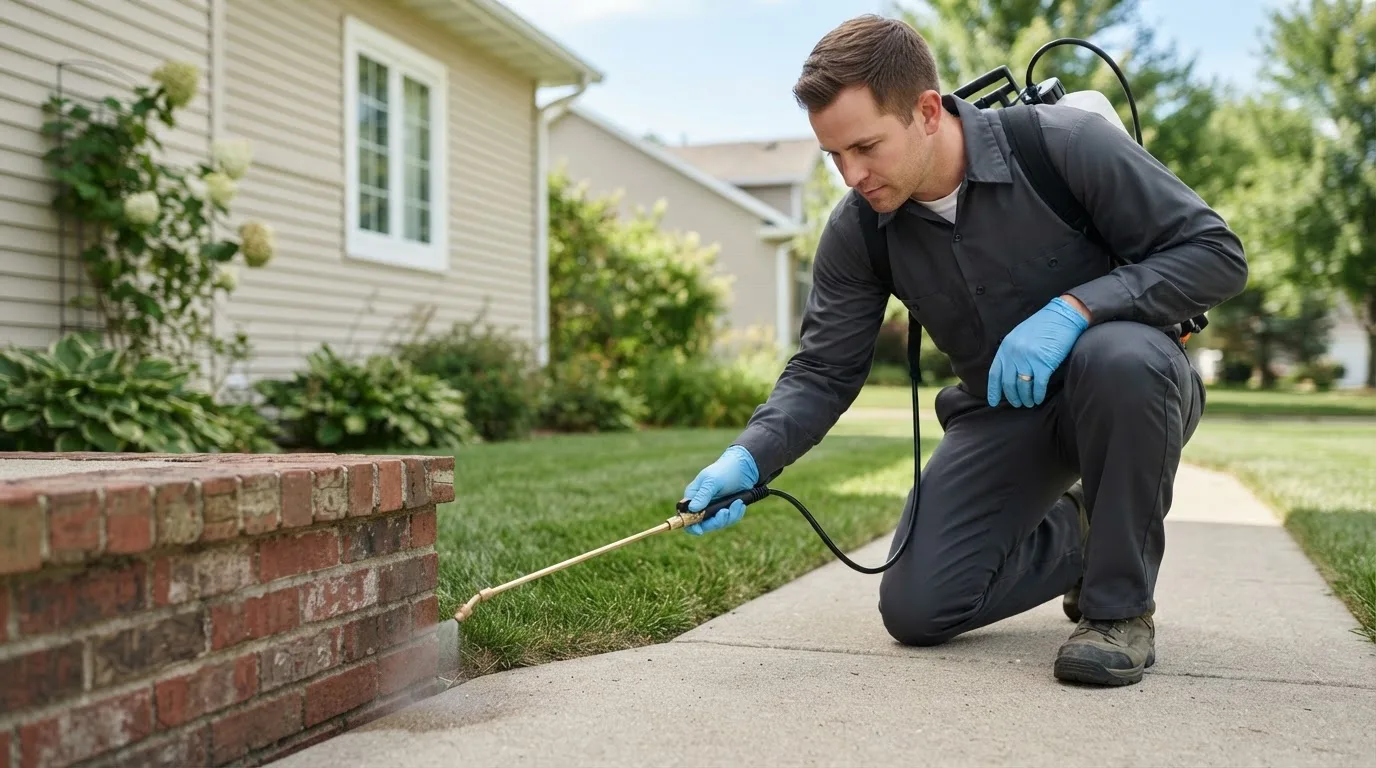 Pest control technician treating a home near Marmarth, ND